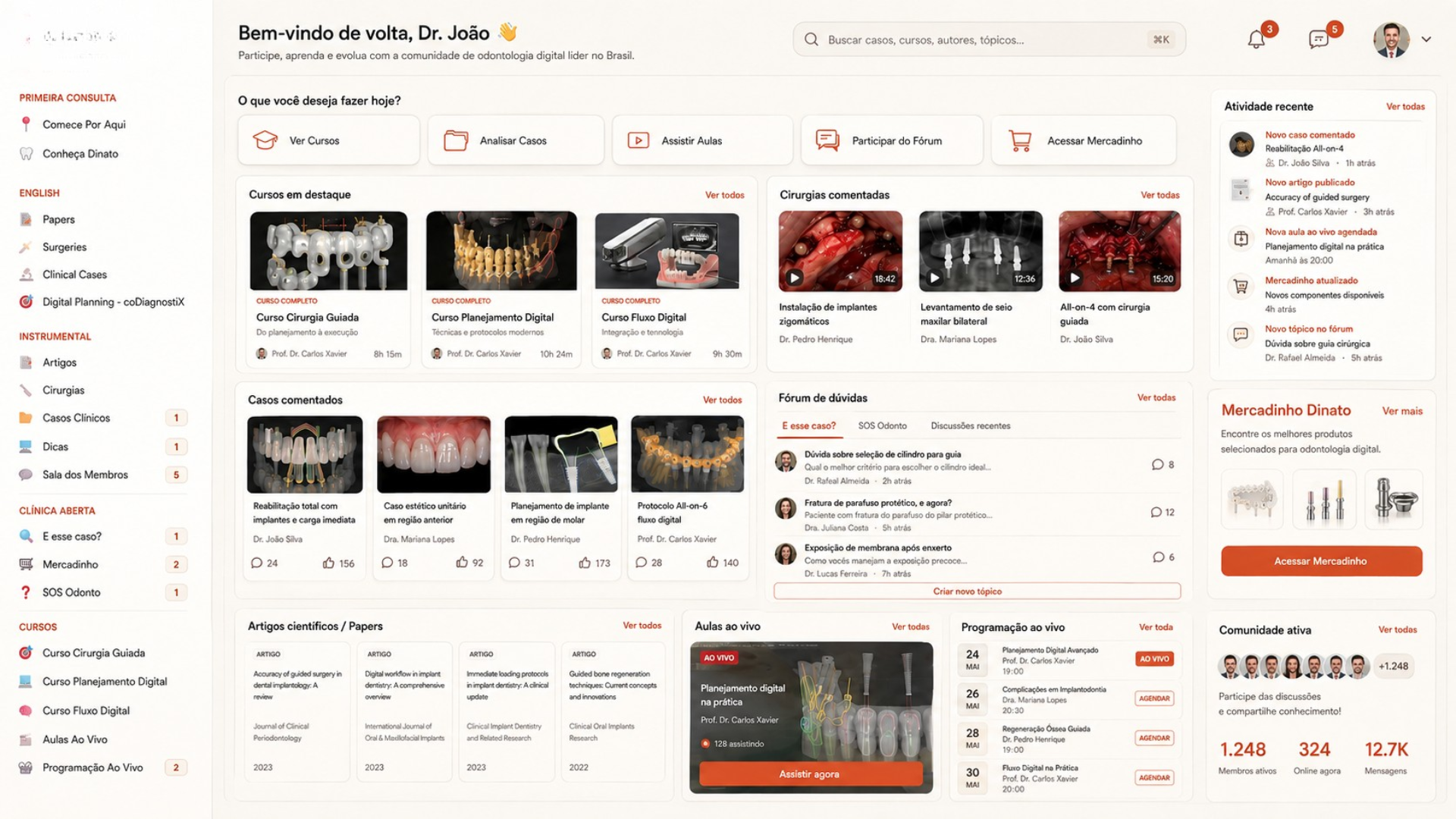Interface da plataforma Comunidade Dinato