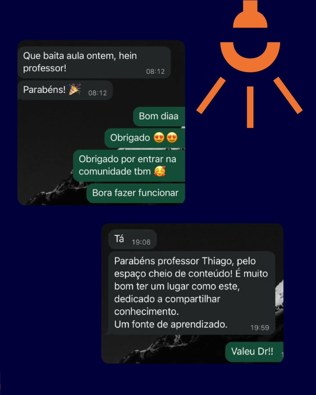Mensagens de membros parabenizando o conteúdo da comunidade