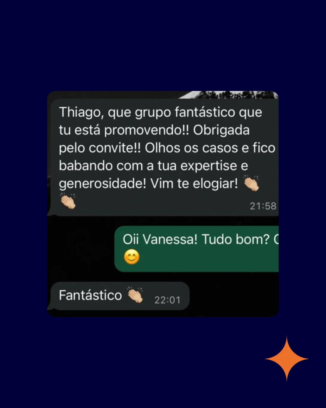 Mensagem de membro elogiando o grupo e a expertise do professor